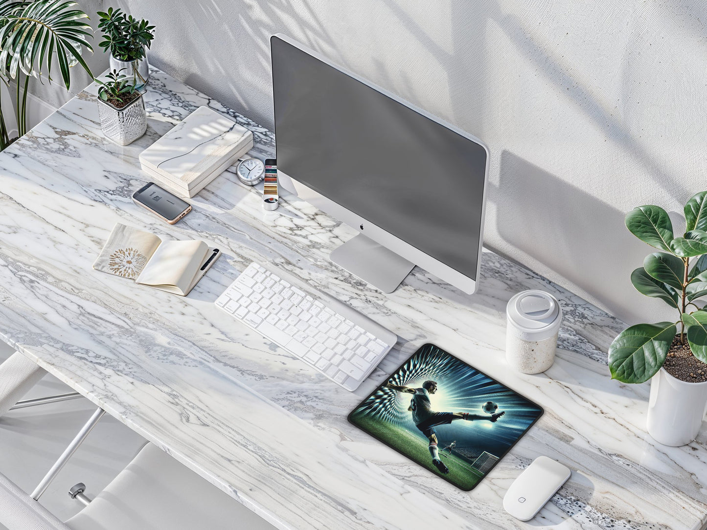 Desk scene with a mouse pad that features a soccer player, complemented by the dramatic effect of the kaleidoscope design, suggesting movement and energy.