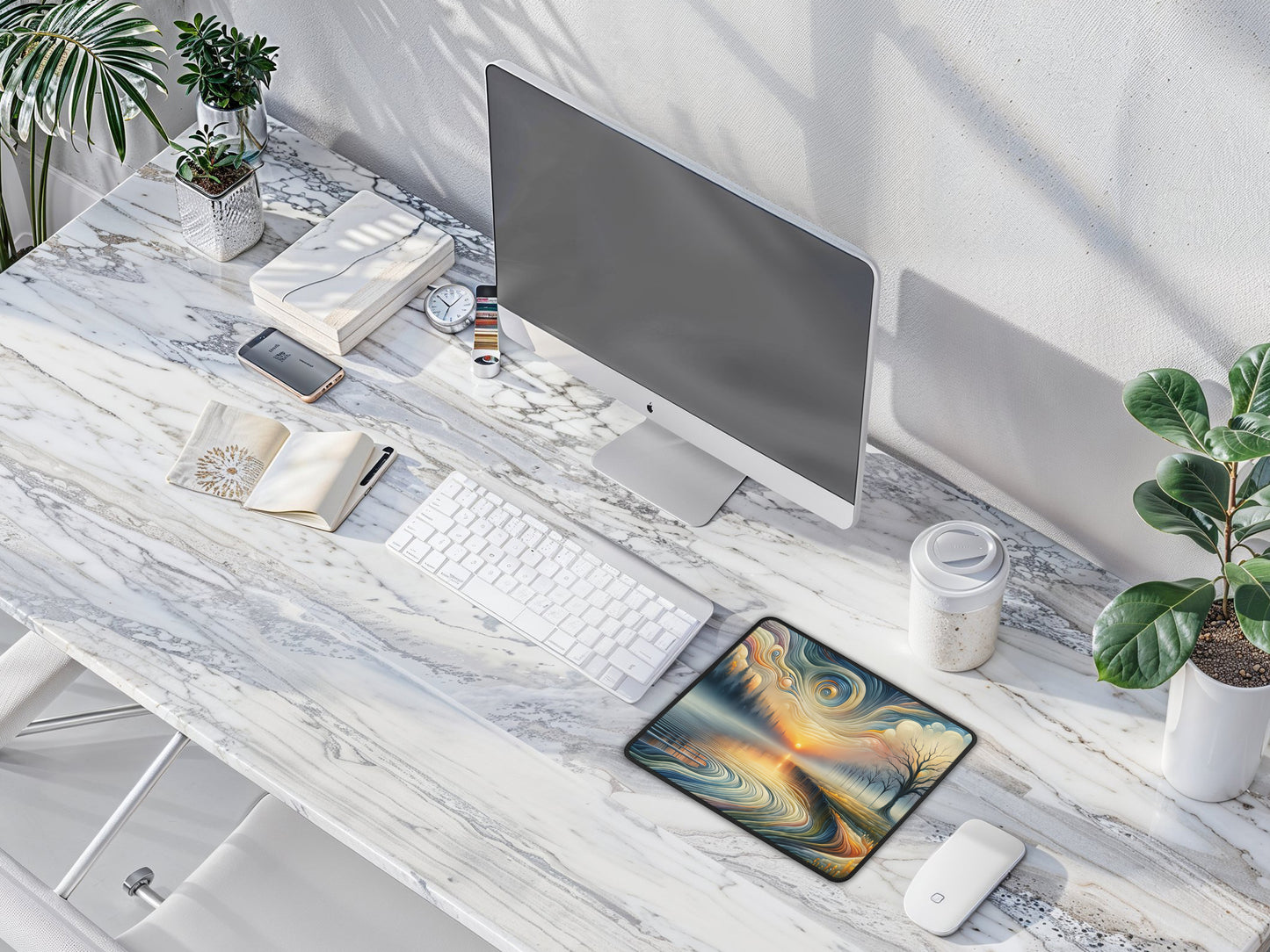 Modern office setting with an iMac, showcasing the mouse pad’s vivid dragon design as a standout accessory on a white marble surface.