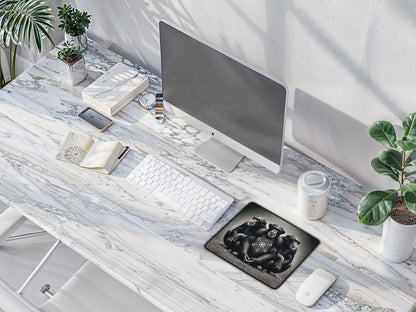 Designer mouse pad with a chimpanzee motif on a modern workspace with white computer accessories.