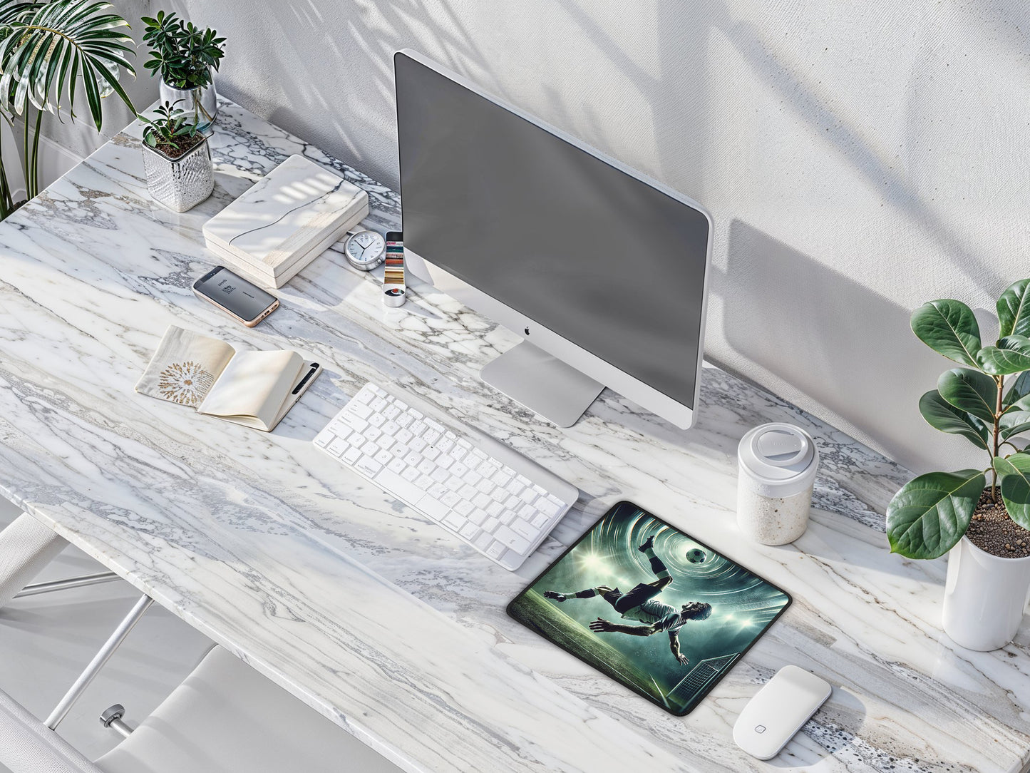 Artisan mouse pad with a dynamic soccer scene on a marble office desk, elevating the workspace with its sports-themed artwork.