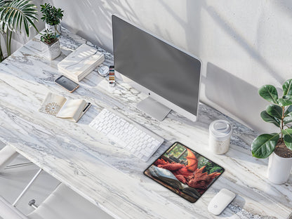 A stunning mouse pad with a dragon and book motif on a marbled desk, flanked by plant life and a cup of artisanal coffee, blending nature with myth.