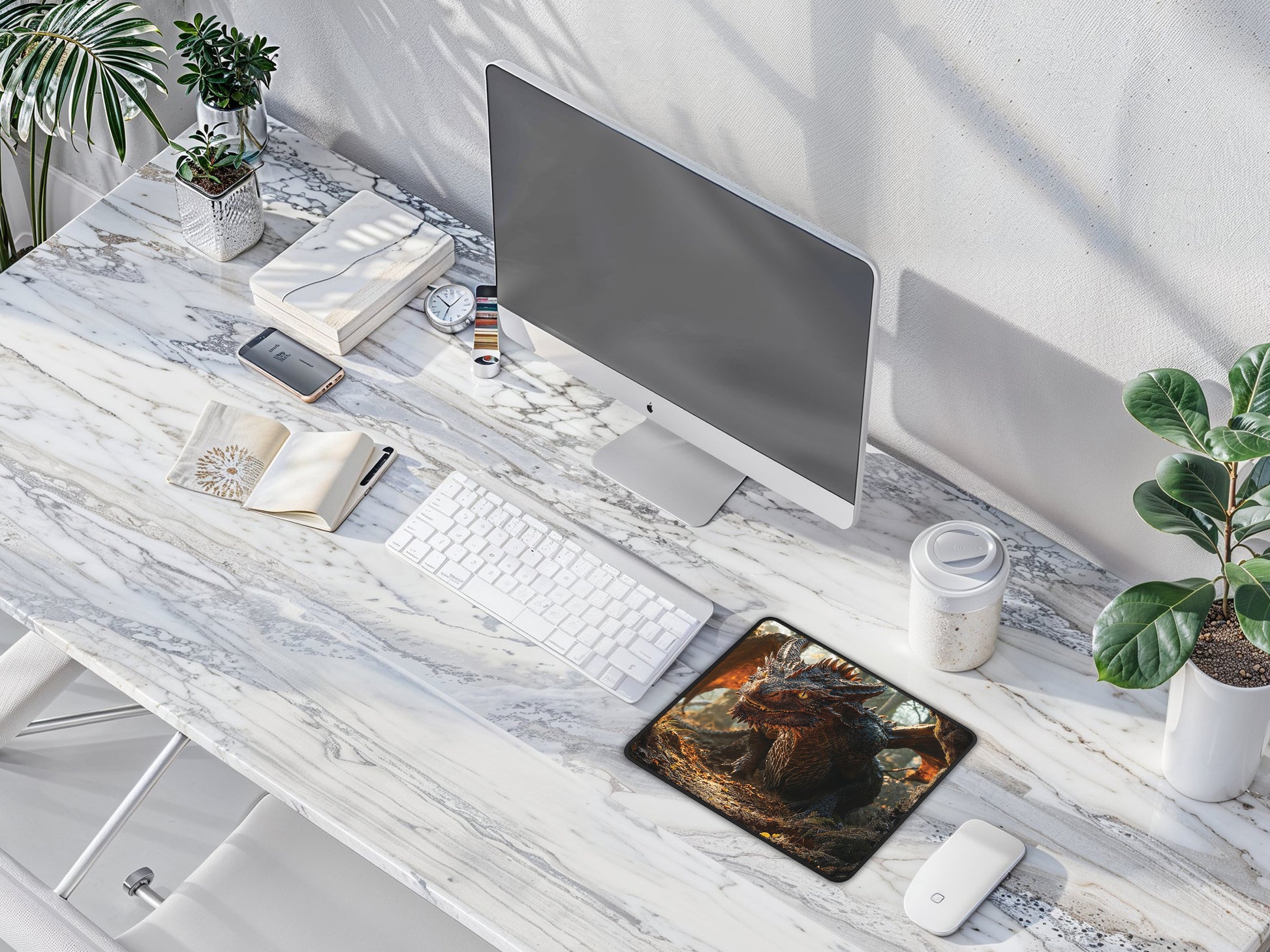 Elevated view of the mouse pad on a minimalist desk setup, highlighting its bold graphic and functionality.