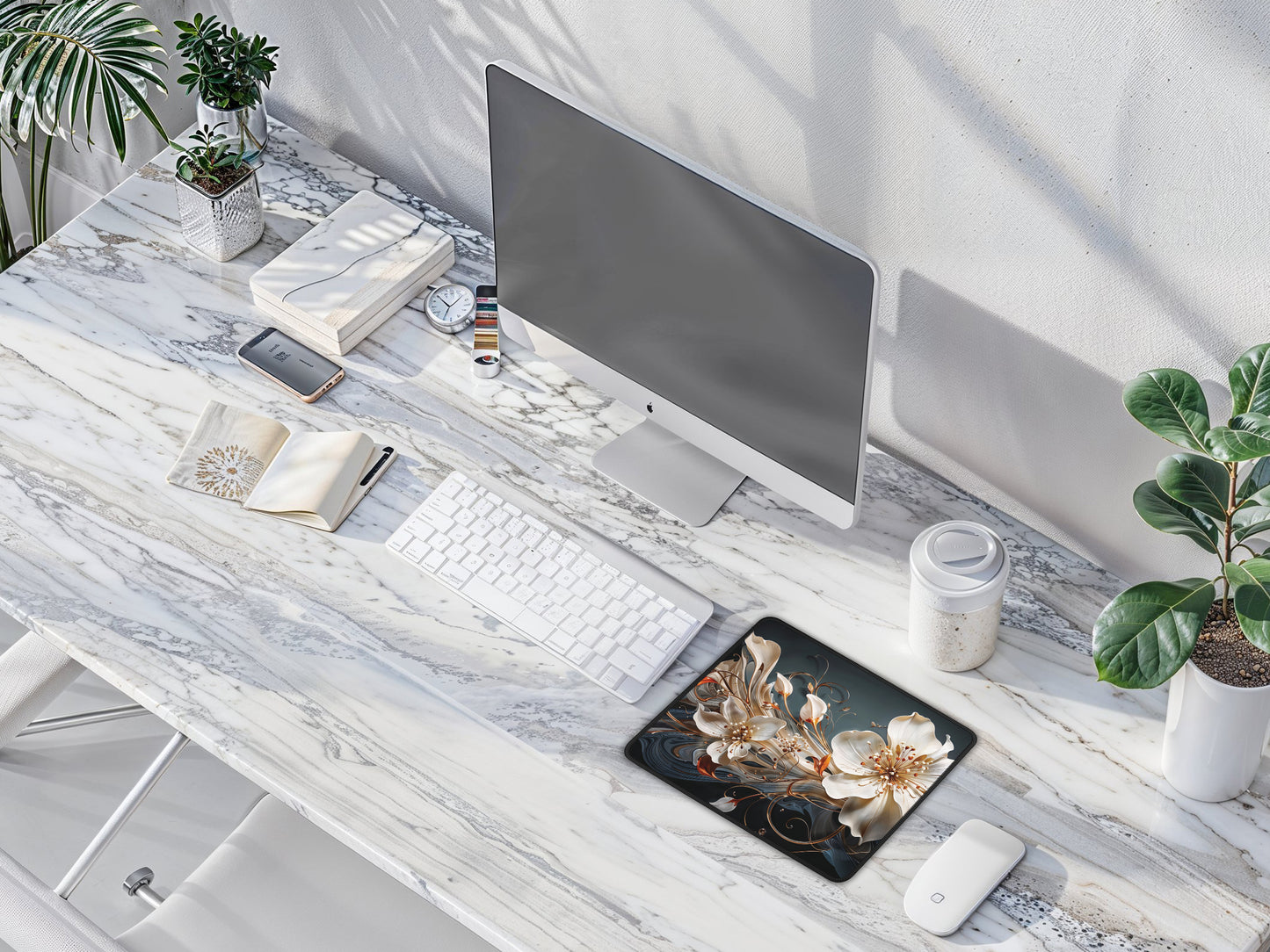 A mouse pad with a mesmerizing floral design on a white marble desktop, integrating seamlessly into a clean and contemporary work environment.