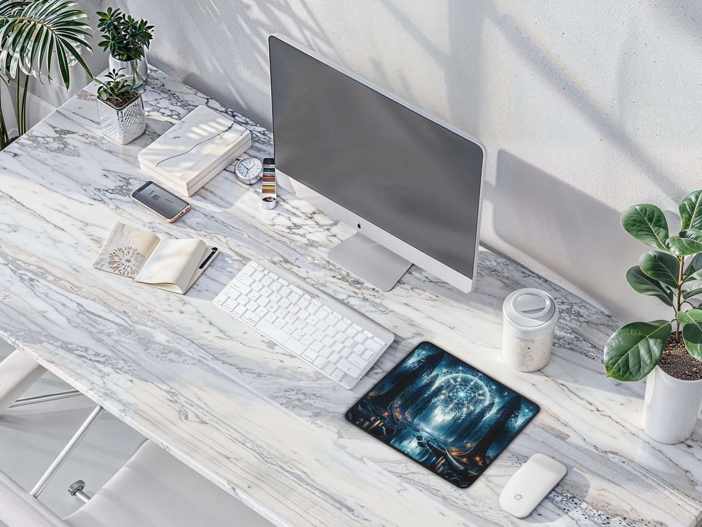 Minimalist office setting with the mouse pad providing a vibrant pop of celestial forest artwork on the desk.