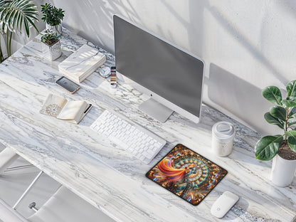 A modern and stylish workspace with a white marble desk, where the steampunk android mouse pad adds a touch of whimsical sophistication.