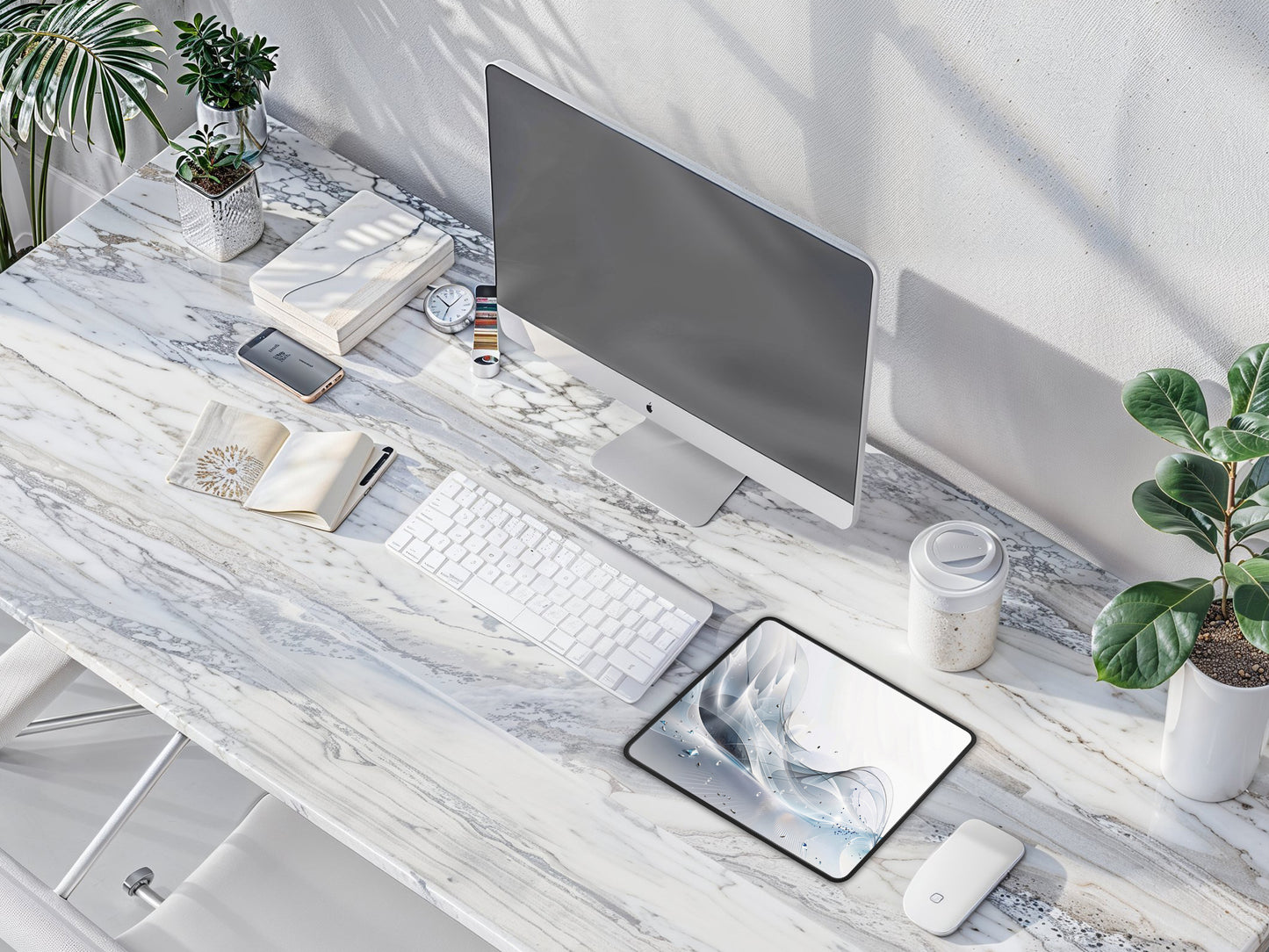 Mouse pad on a white marble desk with computer monitor and keyboard, illustrating a minimalist workspace.