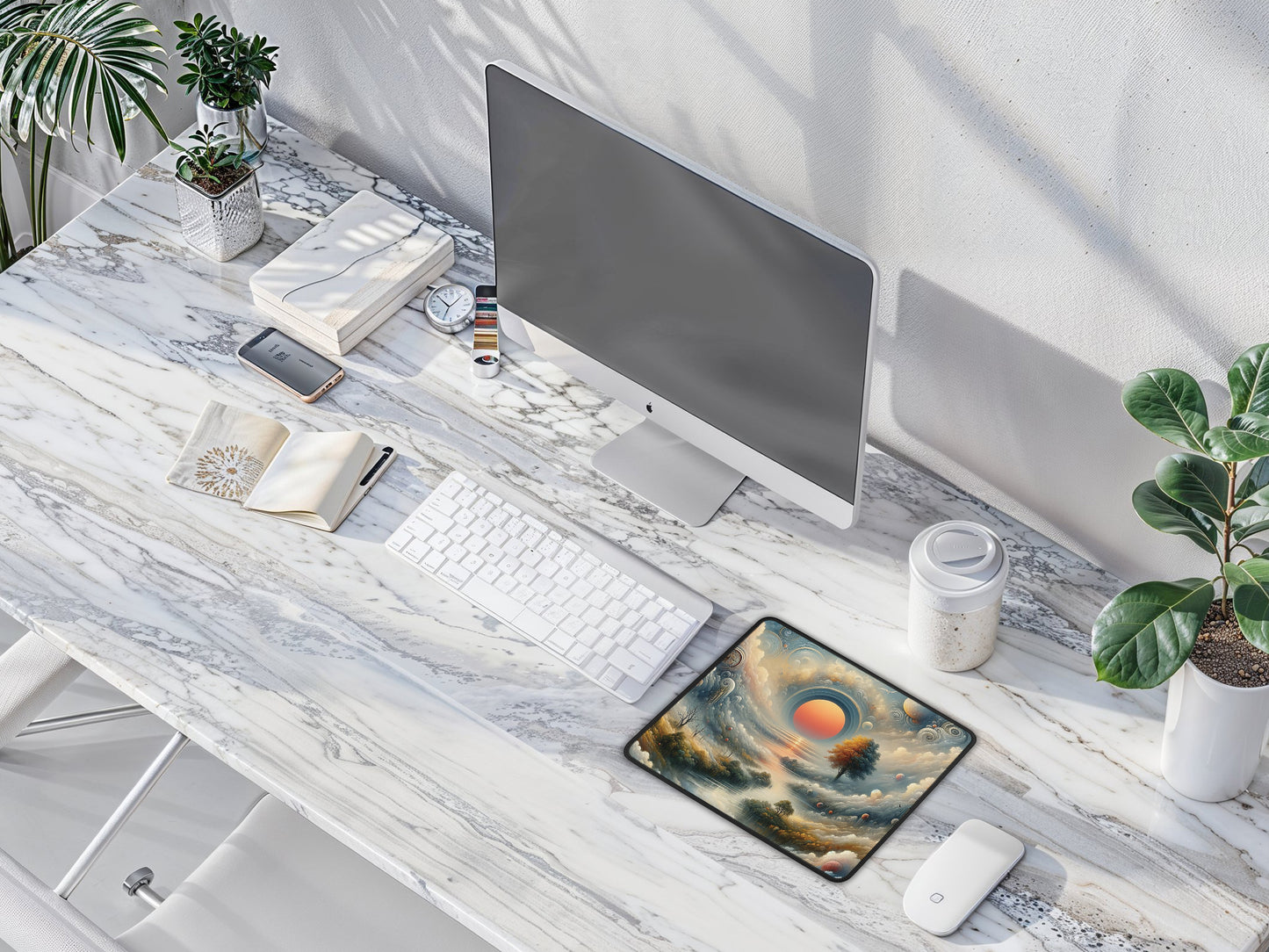 A modern workspace highlighted by the mouse pad featuring a whimsical morning scene, a blend of nature and fantasy.