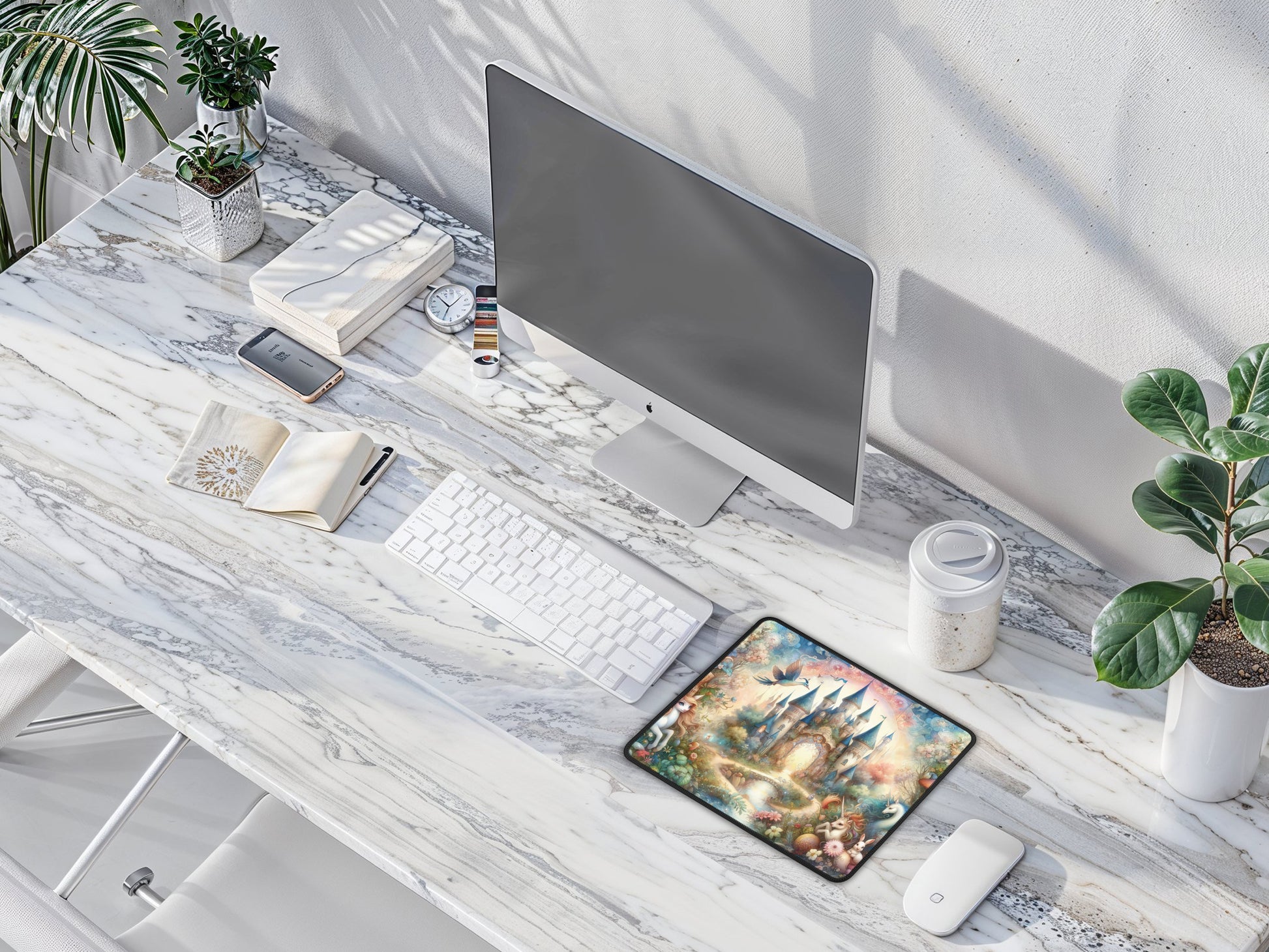 Top view of a kaleidoscopic artisan mouse pad on a modern desk setup, blending a mythical kingdom design with a creative workspace.