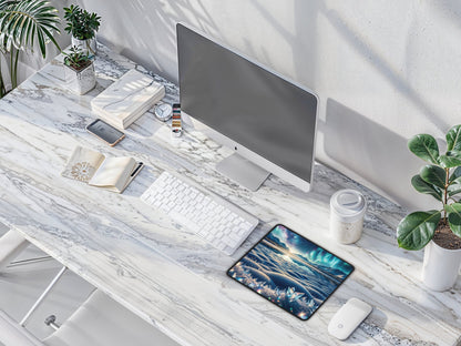 Lifestyle shot of the mouse pad on a wooden table with a laptop, illustrating a functional setup for gaming or office work.