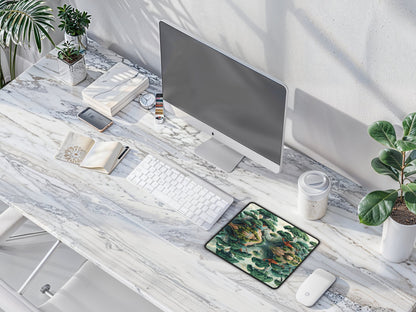 Modern office setting with the mouse pads zen garden art adding a meditative touch to the sleek workspace.