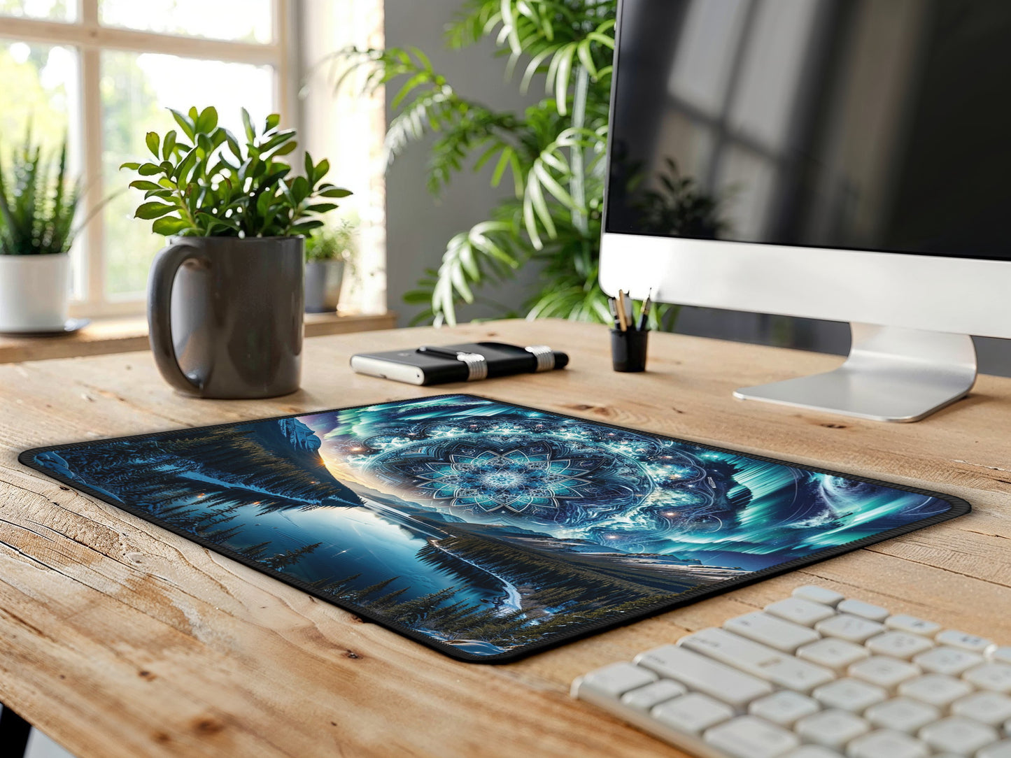 Elegant desk setup with the Kaleidoscopic Night mouse pad, featuring a reflective lake under a northern lights sky.