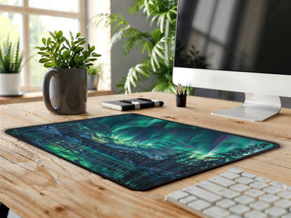 The Alaskan aurora mouse pad on a wooden desk creates an inviting work environment with its calming design.