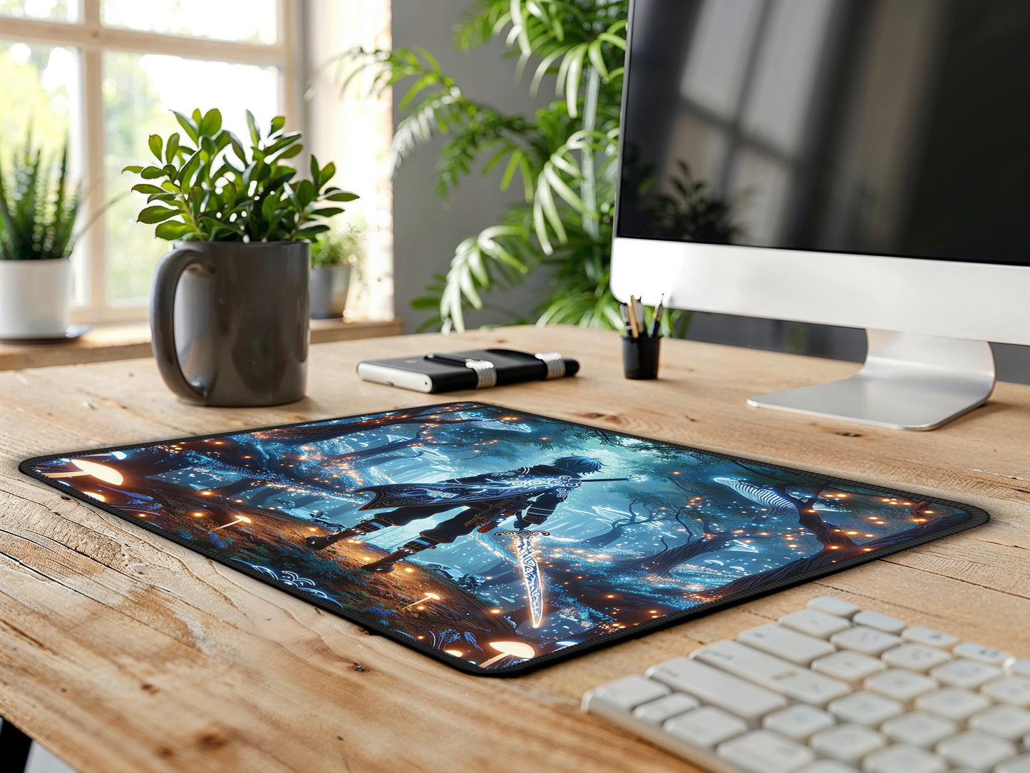 A sleek office arrangement with a gaming mouse pad featuring anime twilight luminescence, providing a striking contrast on a white marble desk.