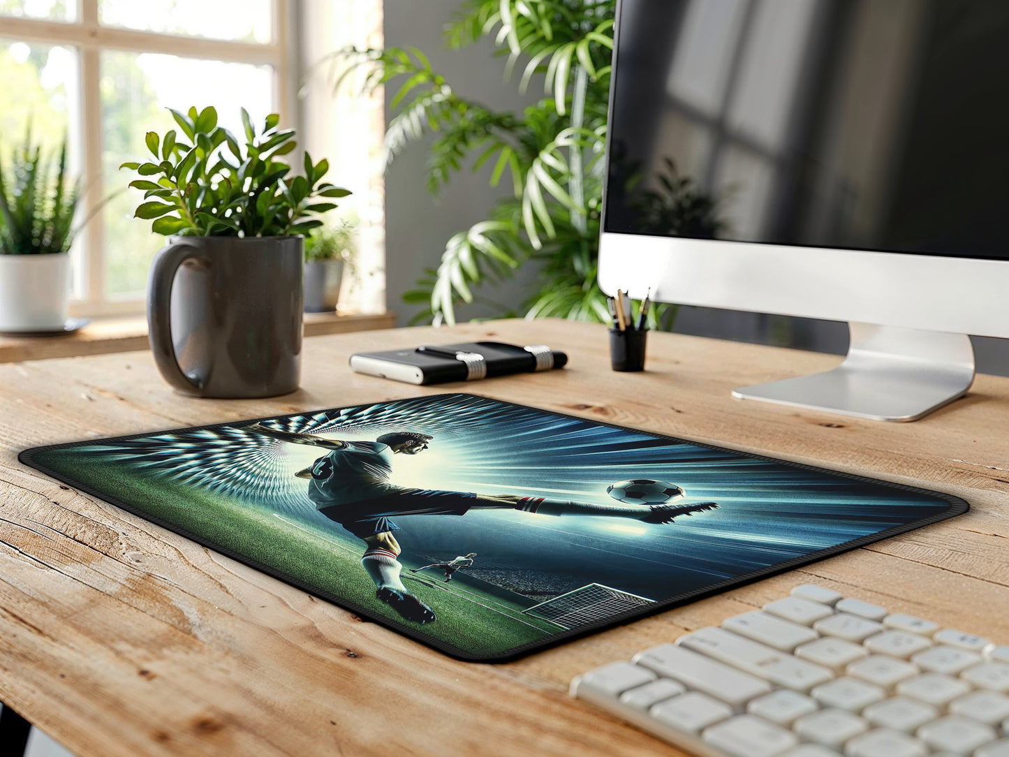 The mouse pads kaleidoscope soccer art offers a lively atmosphere to a wooden desktop setup, combining utility with artistic flair.