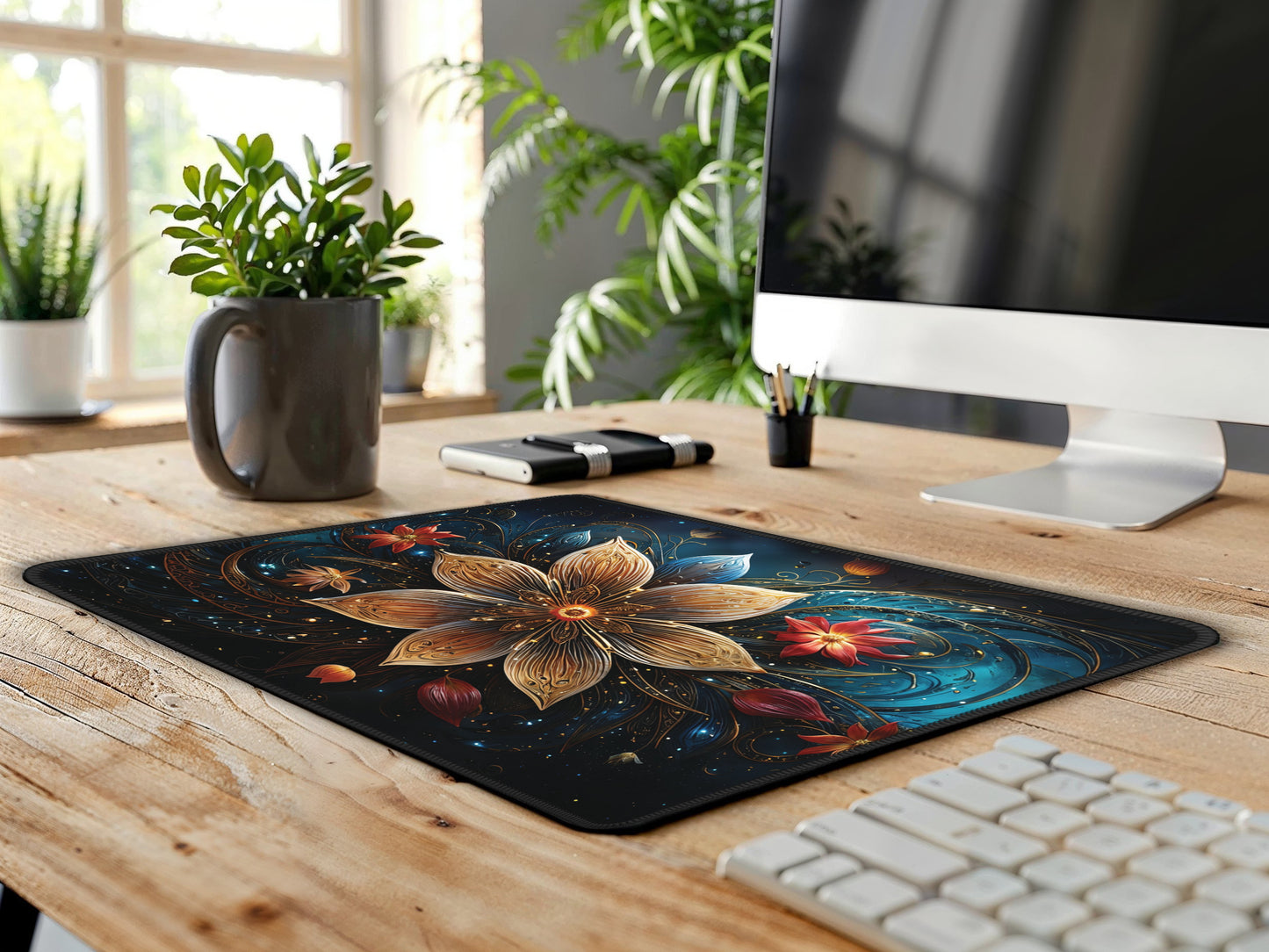 Inviting creative workspace highlighted by the Celestial Bloom Artisan Mouse Pad, with fresh plants and natural light accentuating the design.