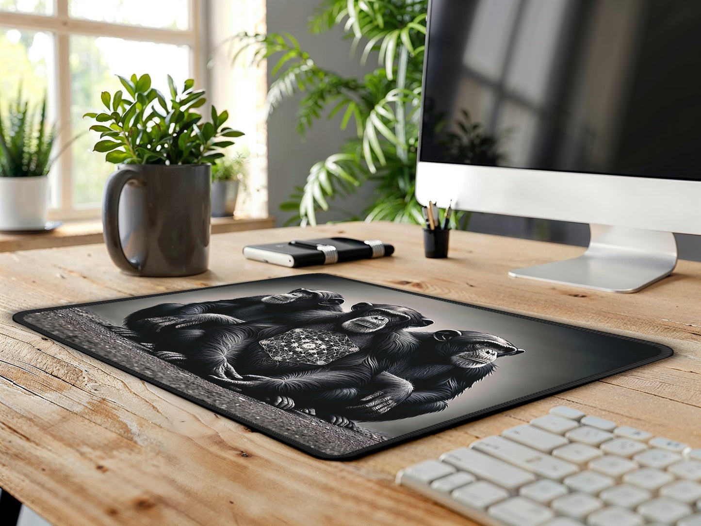 Stylish chimpanzee mouse pad enhancing a contemporary office setup with its unique mandala centerpiece.