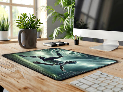 Energizing soccer scene mouse pad on a wooden surface, bringing a touch of athleticism and movement to a contemporary workspace.