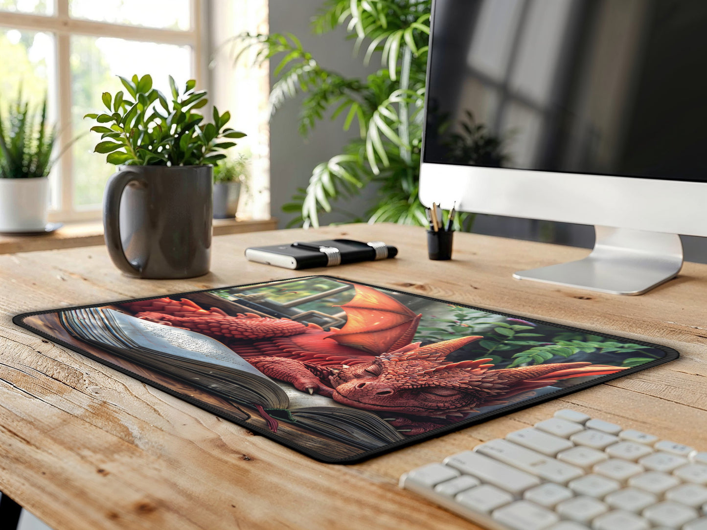 A fantasy-themed mouse pad lies on a wooden desk, with a red dragon and book image, inviting storytelling and imagination into the work area.