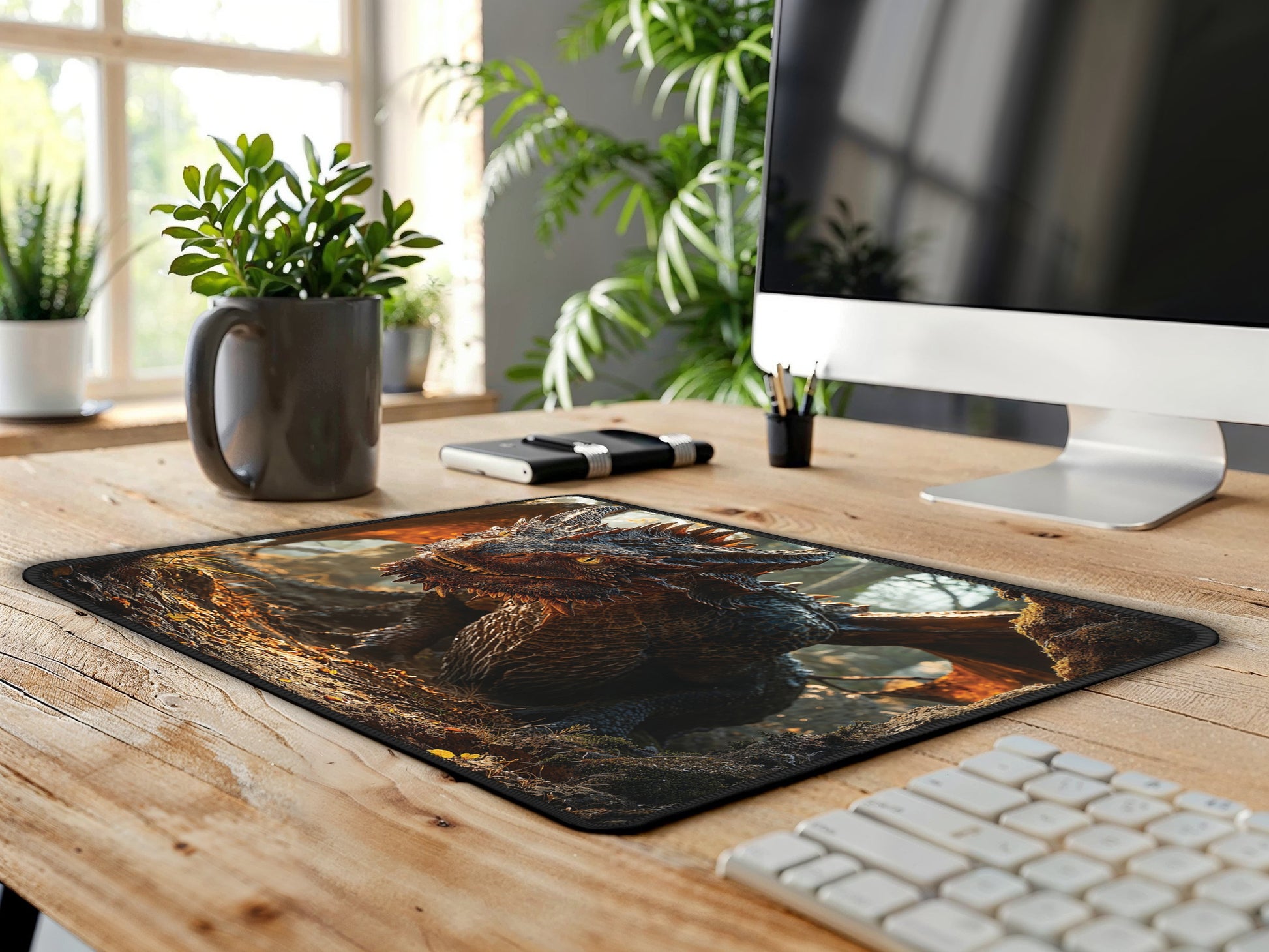 Mouse pad in an office environment, its fantasy dragon artwork adding a touch of adventure to the workspace.