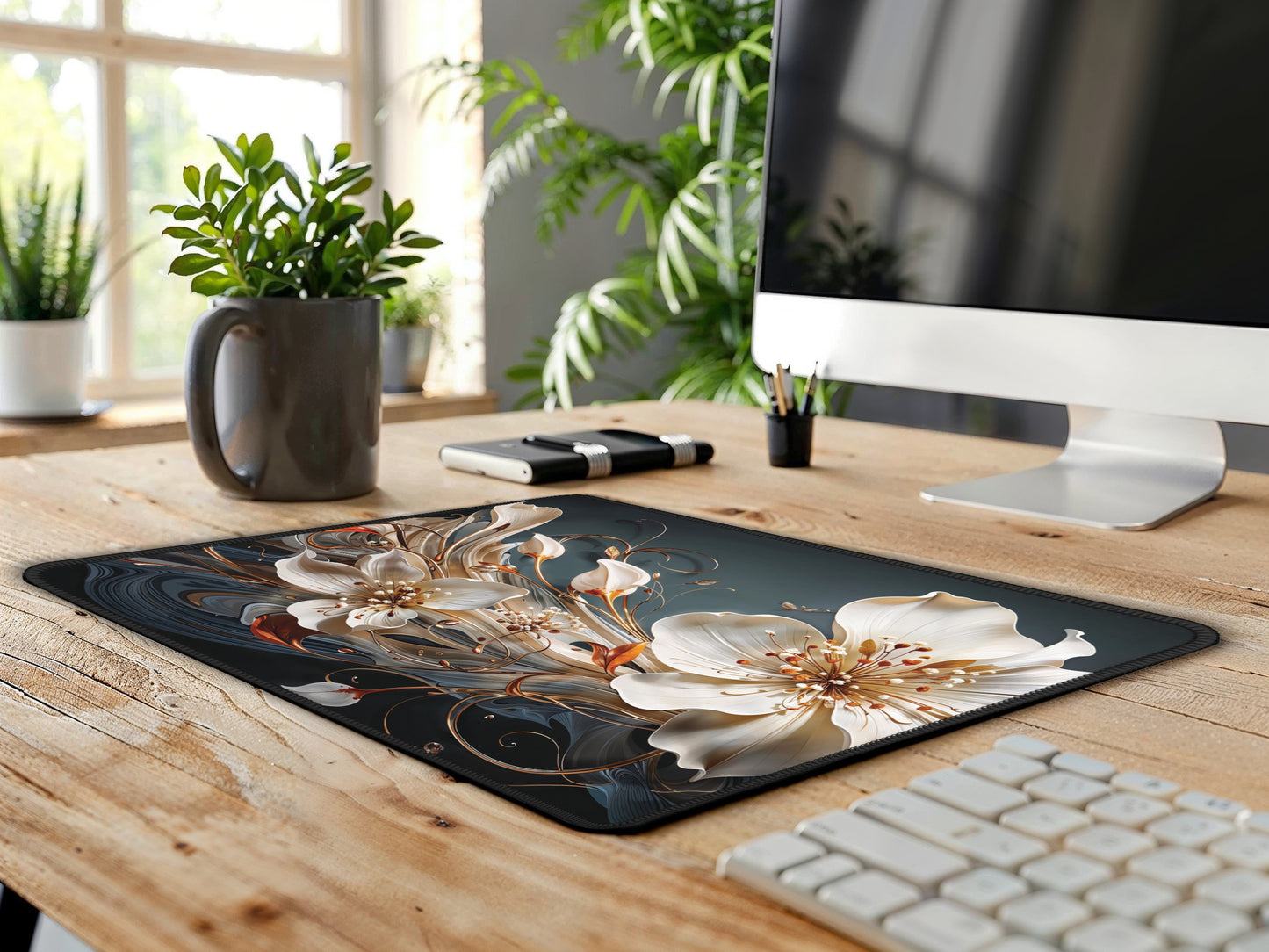 Natural wood desk featuring the artisanal floral mouse pad, infusing a workspace with a touch of elegance and sophistication for creative and gaming endeavors.