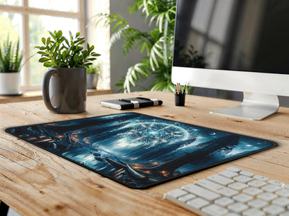 A serene workspace highlighted by the cosmic forest mouse pad, merging natures tranquility with digital efficiency.