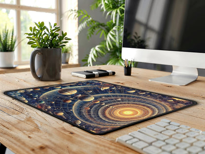 The mouse pad with a galactic design on a home office desk, creating a stellar focal point amidst contemporary computer accessories.