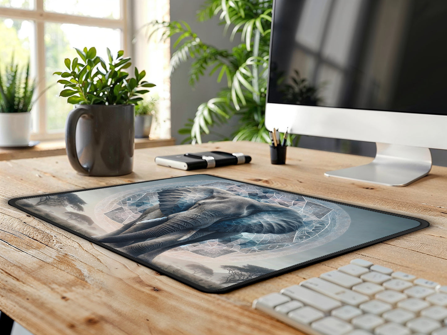 A large, artisanal elephant mouse pad on a wooden desk, creating a striking contrast with its kaleidoscopic design.