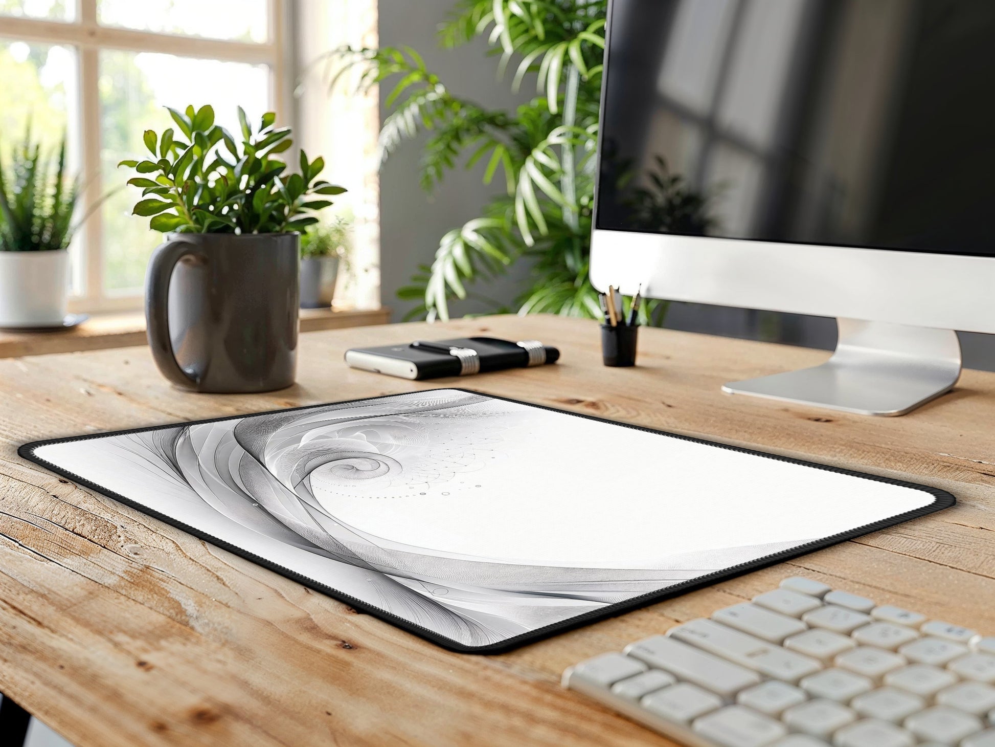 Chic office setting with the minimalist elegance mouse pad on a white marble desk, flanked by high-tech peripherals.