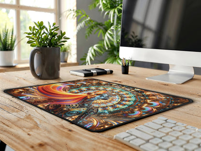 The artisan mouse pad takes center stage in a cozy workspace setup, providing a unique and artistic foundation for the white mouse.