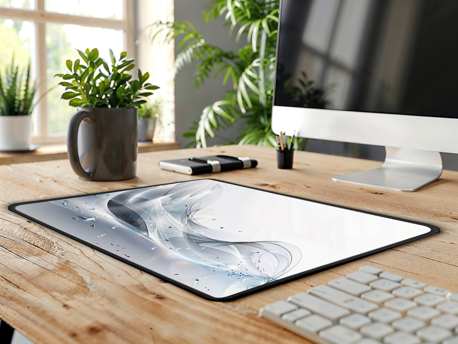 Wide view of the mouse pad on a wooden desk, centered in a bright, naturally lit room.