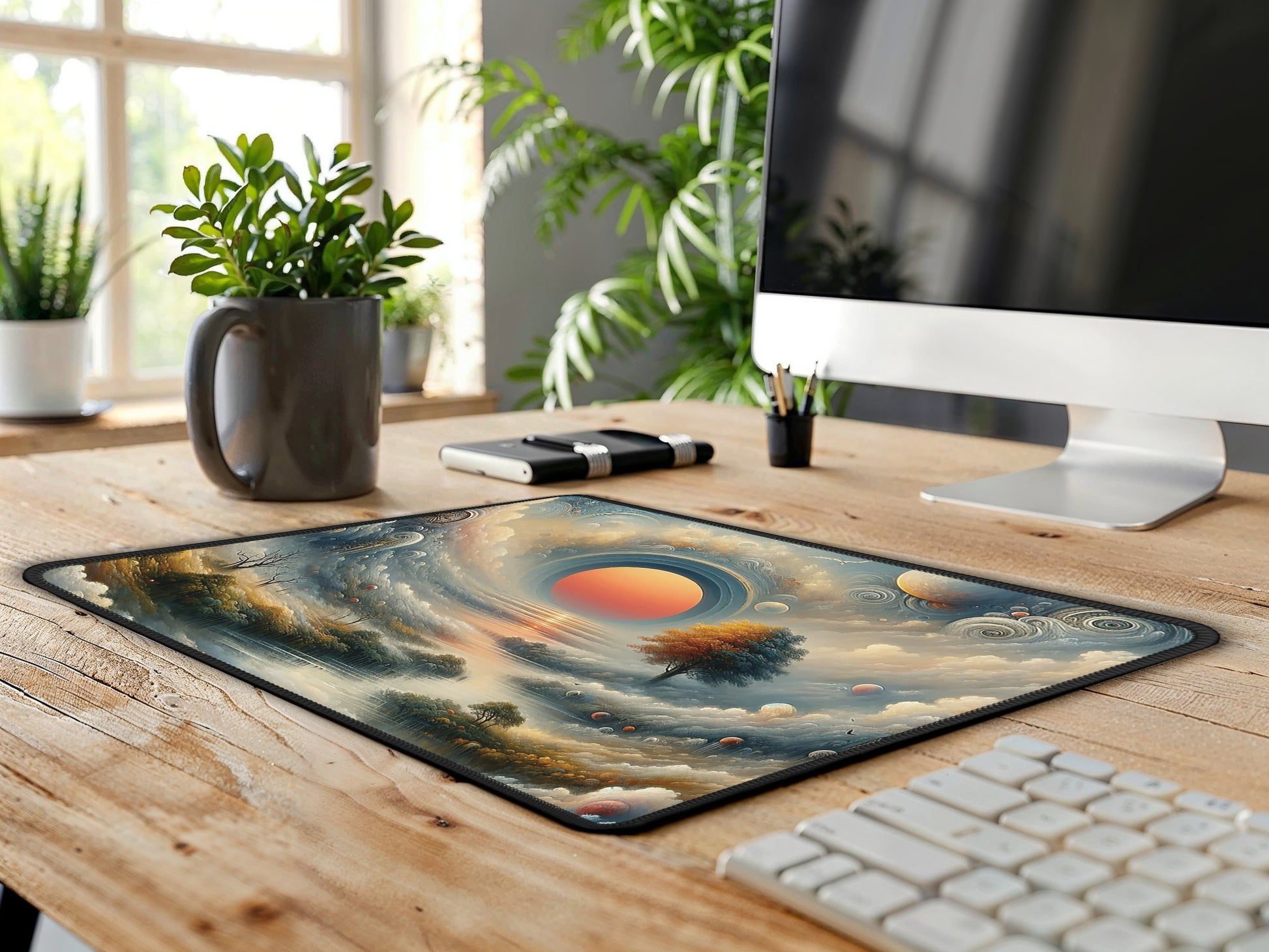 The gaming mouse pad with a whimsical sunrise landscape, set on a rustic table, adds artistic flair to the work area.