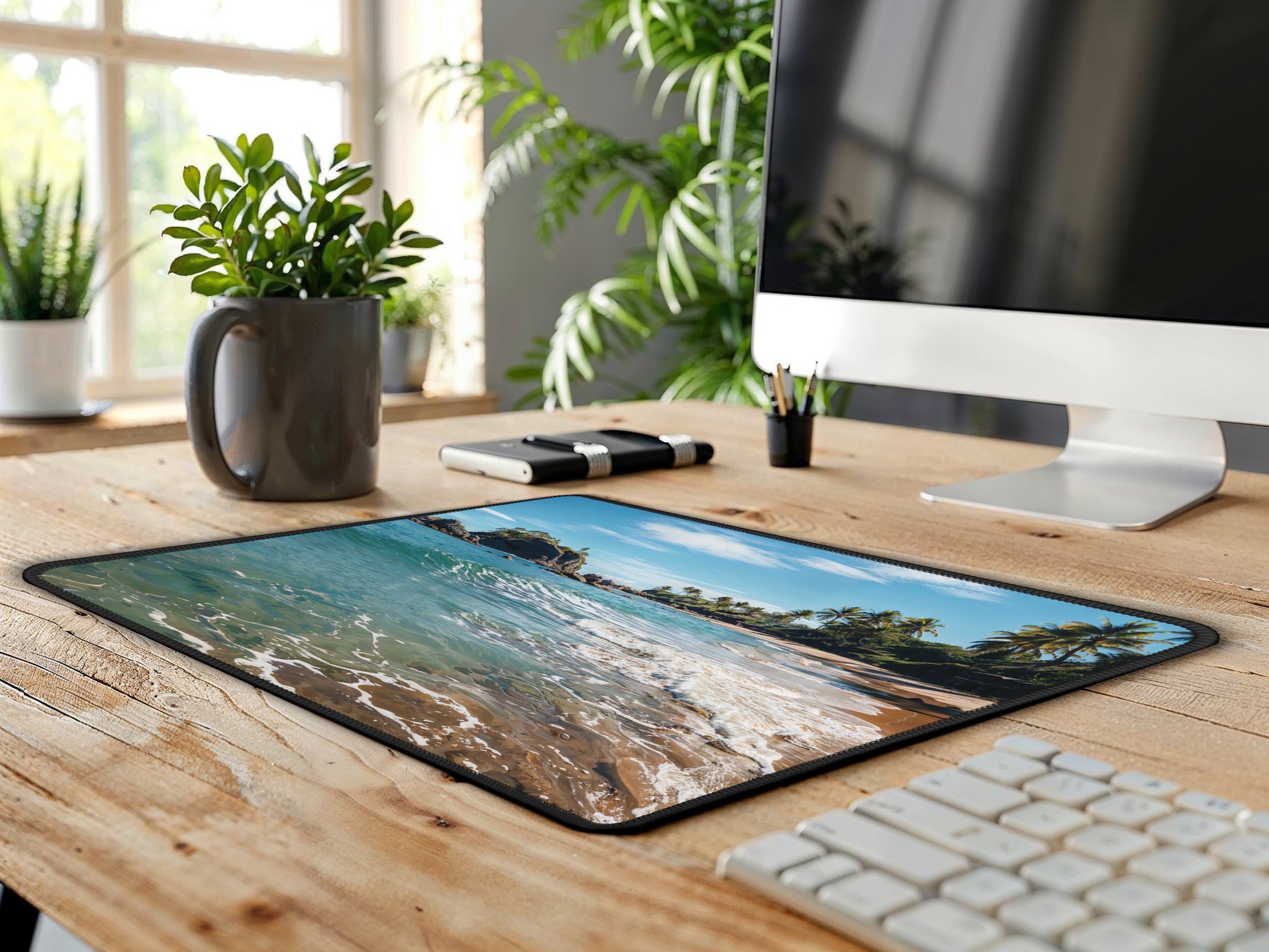 An office setup featuring the Thai beach mouse pad on a wooden desk, bringing the serenity of the tropics to a modern computing space.