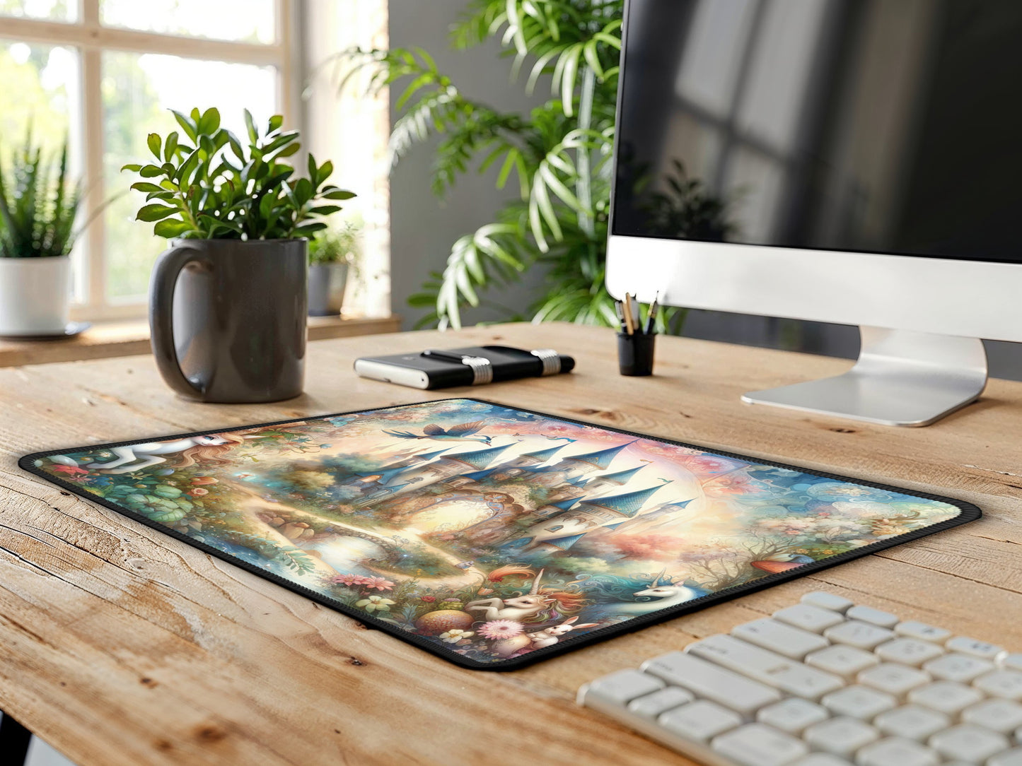 Fantasy-themed gaming mouse pad with a soft kaleidoscope effect, integrated into a home office setting with warm wooden tones.