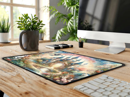 Fantasy-themed gaming mouse pad with a soft kaleidoscope effect, integrated into a home office setting with warm wooden tones.