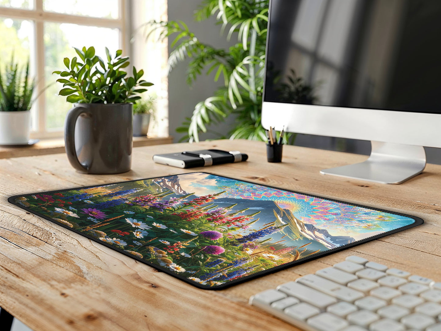 The mouse pad features prominently on a wooden table, paired with a laptop and coffee mug, exuding a cozy, creative work environment.