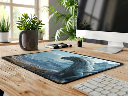 A stylish and clean home office environment, with the Winter Dragon mouse pad offering a touch of fantasy to the modern aesthetic.