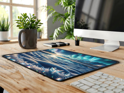 View of the mouse pad on a sleek office desk setup, surrounded by modern gadgets and office supplies, accentuating its elegant design