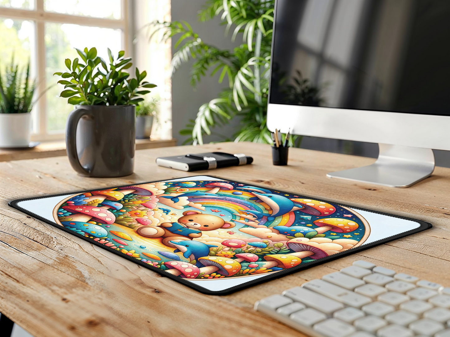 Large, colorful mouse pad with a teddy bears fantasy adventure on a rustic wooden desk, brightening the work area.