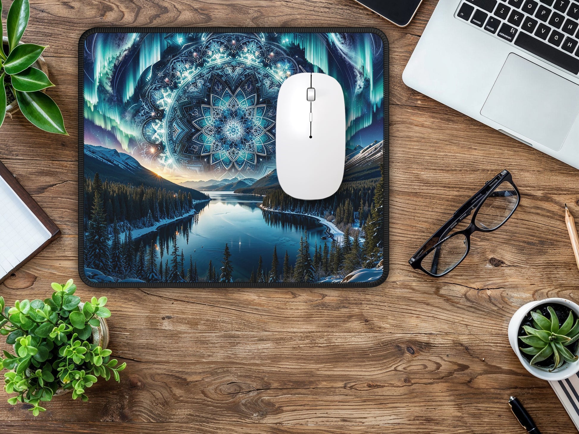 Bright and airy office space highlighting the mouse pad with a mesmerizing Alaskan night sky filled with stars and light.