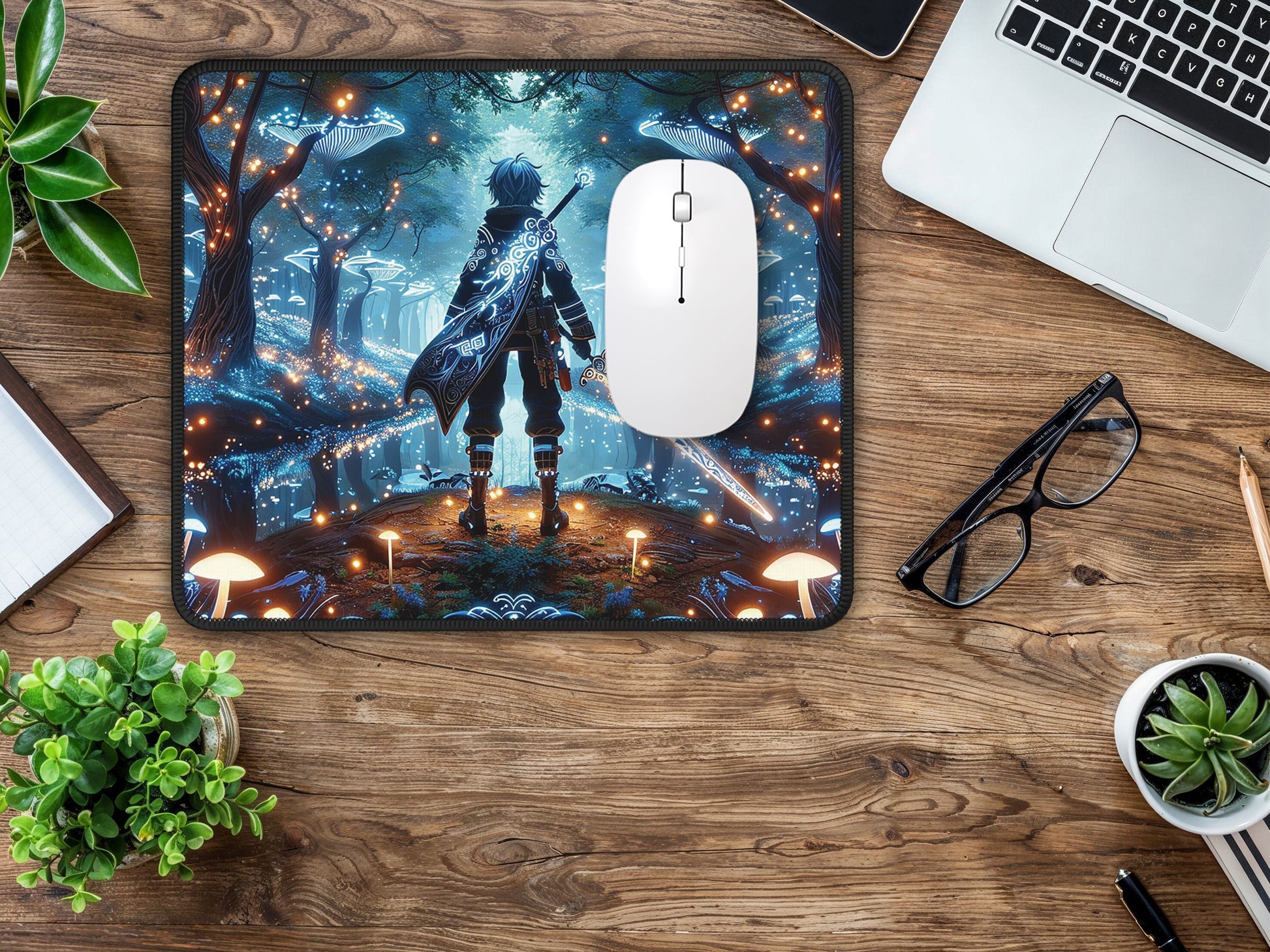 A character-centric gaming mouse pad set against a wooden backdrop, the anime twilight luminescence theme offering an immersive experience