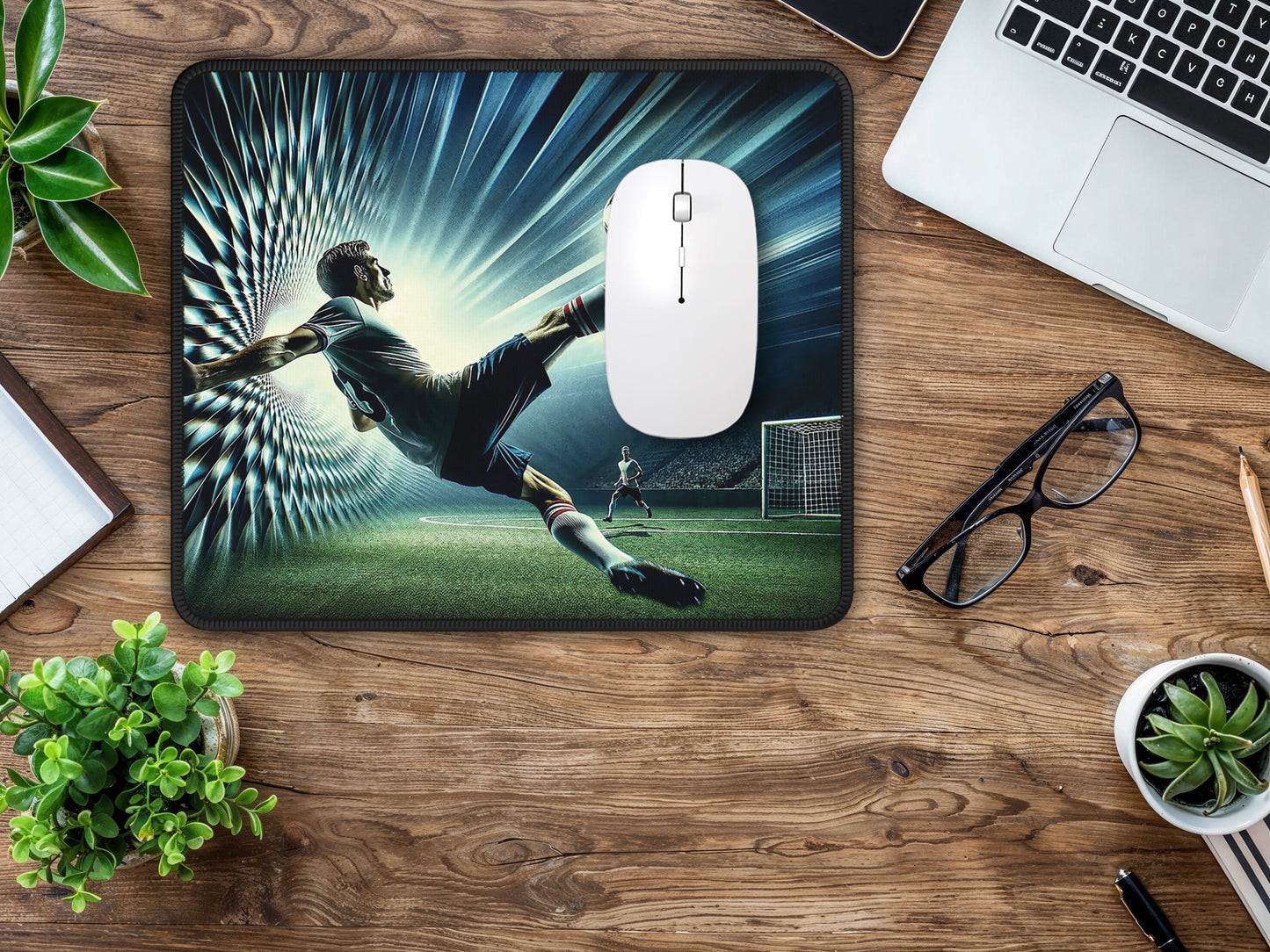 A captivating mouse pad on a minimalist desk, the soccer players dynamic action is enhanced by the kaleidoscope effect, offering both inspiration and decoration.