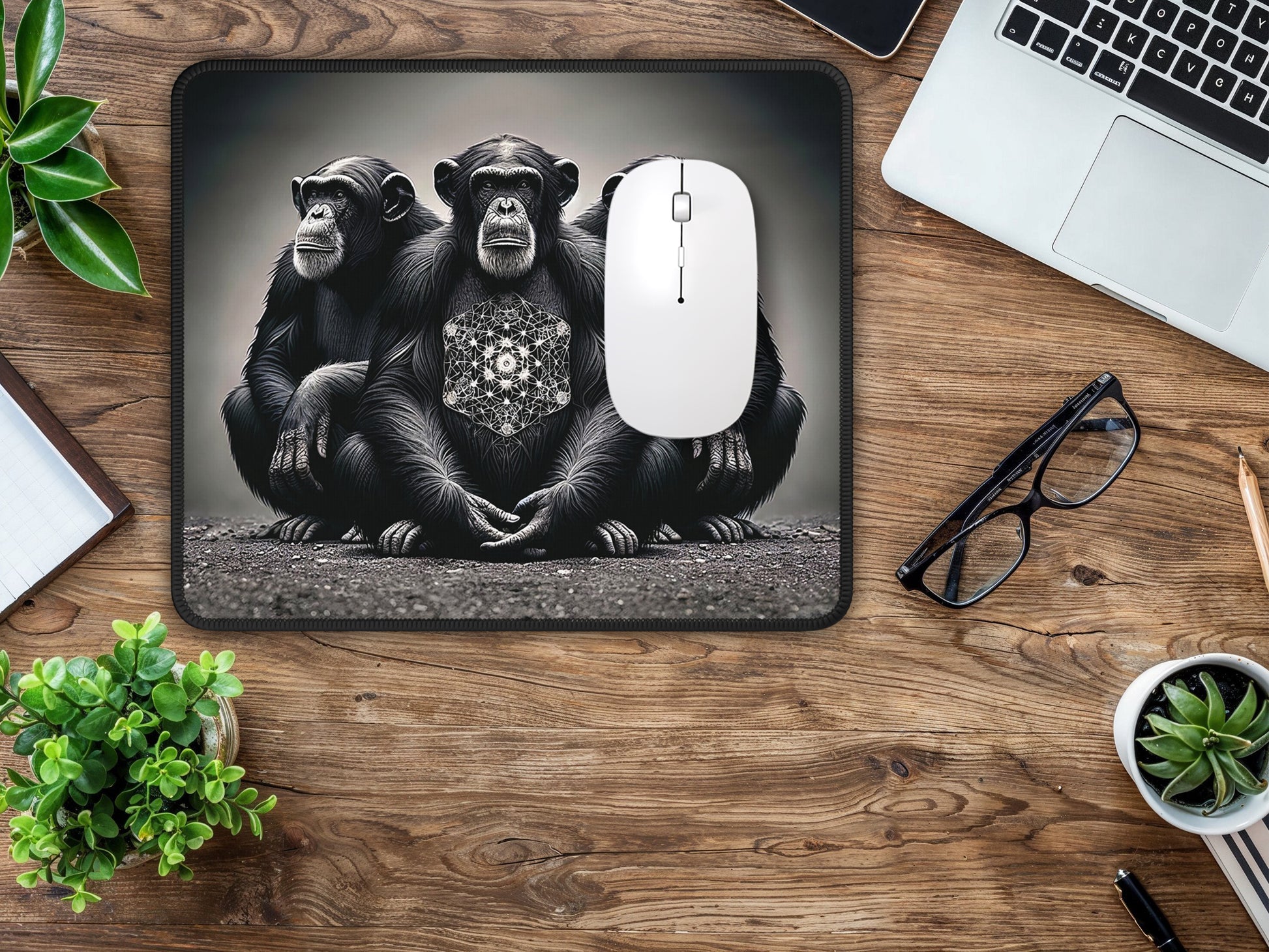 Elegant gaming mouse pad with chimpanzee design on a wooden desk, adding an artistic touch to the workspace.