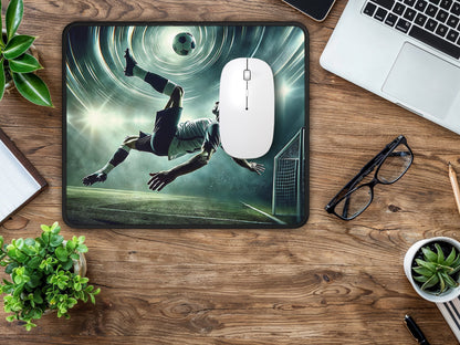 Strikingly detailed soccer game moment on a mouse pad, offering both style and inspiration on a modern wooden office desk.