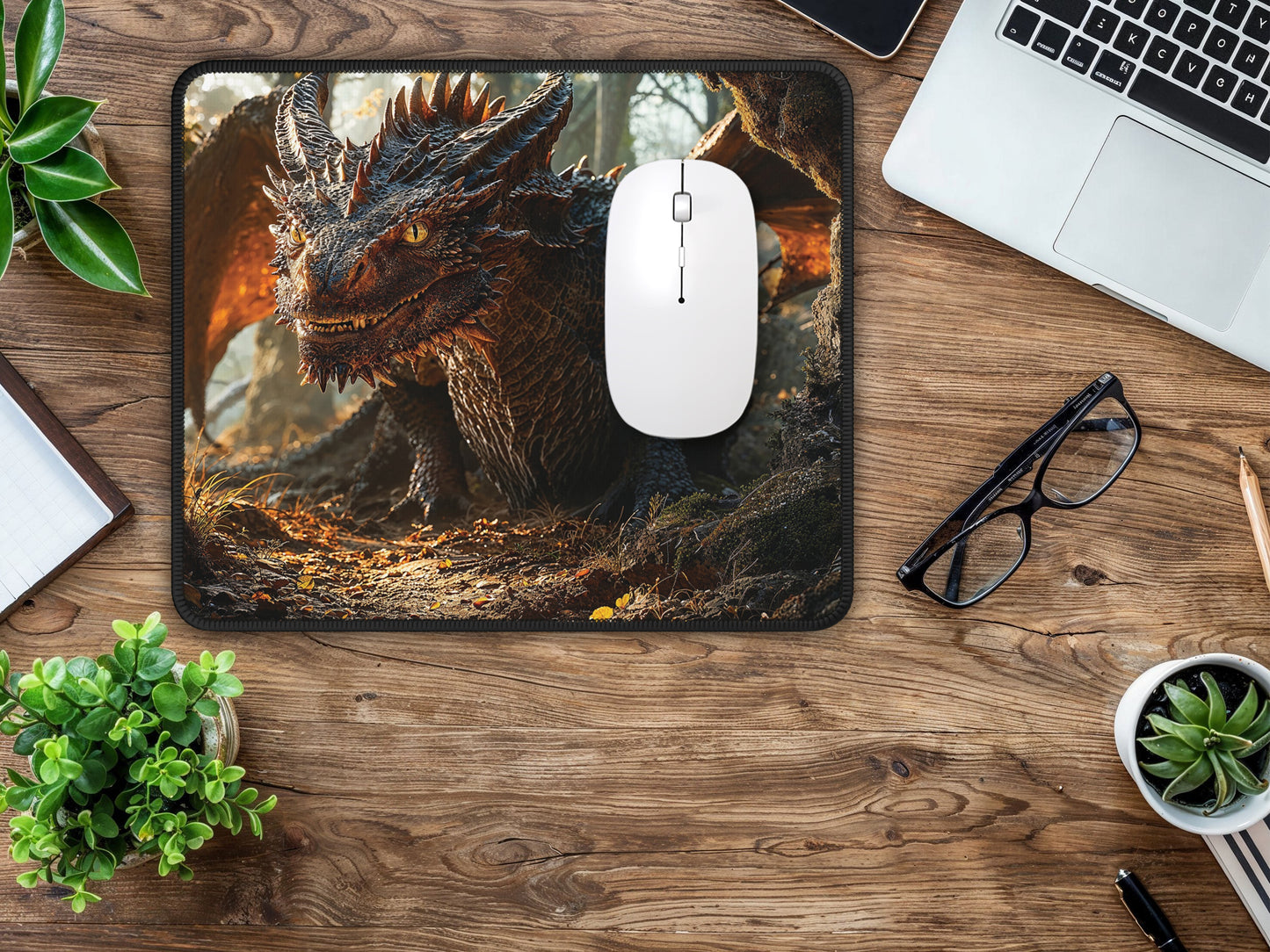 The mouse pad as a centerpiece on a wooden table, creating an immersive environment for gaming and creative work.