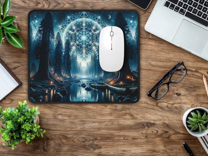 The mouse pad takes center stage on a wooden desk, its cosmic forest scene creating a peaceful work environment.