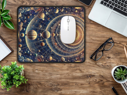 The mouse pad with a galactic design on a home office desk, creating a stellar focal point amidst contemporary computer accessories.