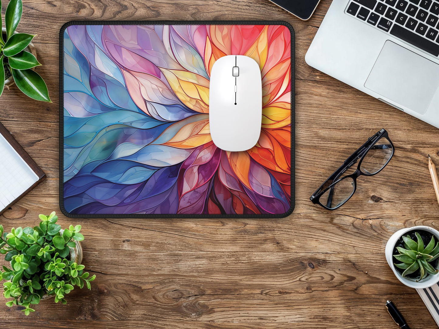 Large artisan mouse pad with an anime kingdom design, spanning across a wooden desk, perfect for gaming enthusiasts.