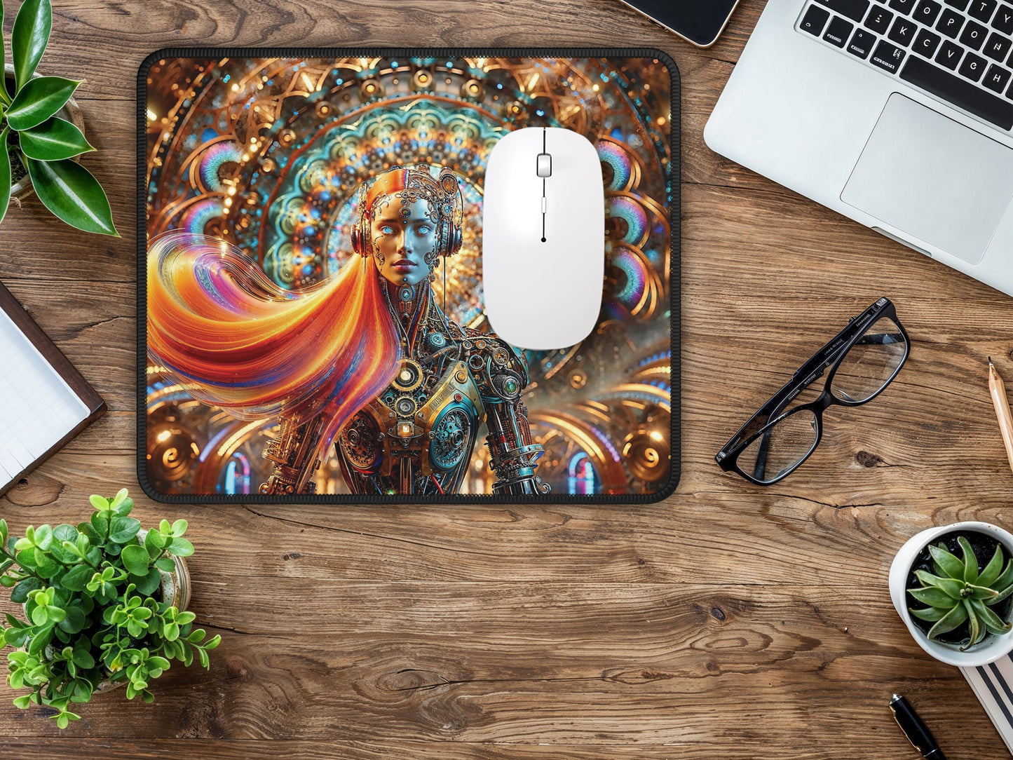 A rustic wooden desk scene is elevated by the presence of the steampunk android mouse pad, merging futuristic art with natural textures.