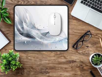 Top view of the mouse pad on a wooden desk, surrounded by a laptop, glasses, and a notepad.