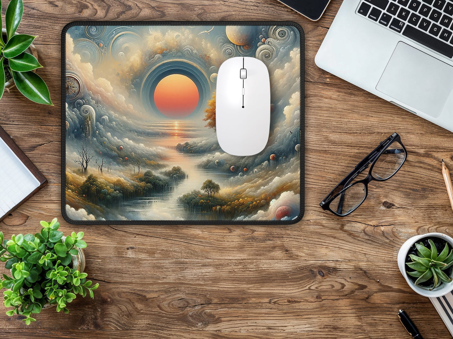 Elegant workspace setup with the surreal morning mouse pad, inviting inspiration alongside stylish office tools.